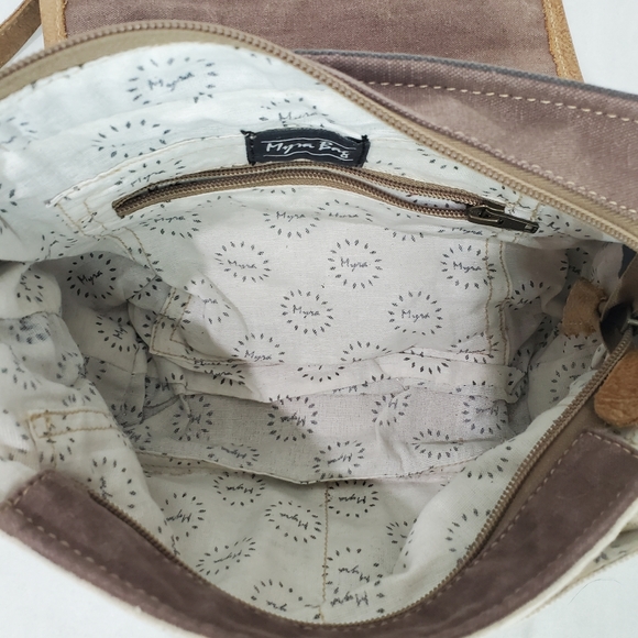 Myra Bag Glare Cowhide Upcycled Canvas Leather Messenger Crossbody Bag - Picture 10 of 16